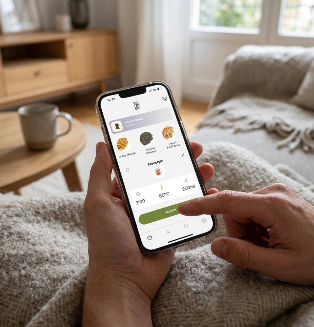 Vom Sofa aus Tee starten: Hände halten ein Smartphone mit der BRU App, Freestyle-Aufguss mit 3 Minuten, 85 °C und 250 ml, ein Tipp auf Brühen und die BRU Teemaschine legt los.