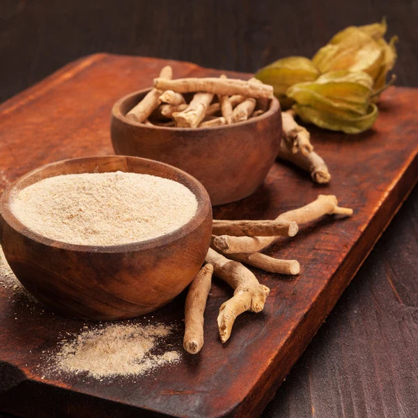 Ashwagandha-Wurzeln und Ashwagandha-Pulver in Holzschalen