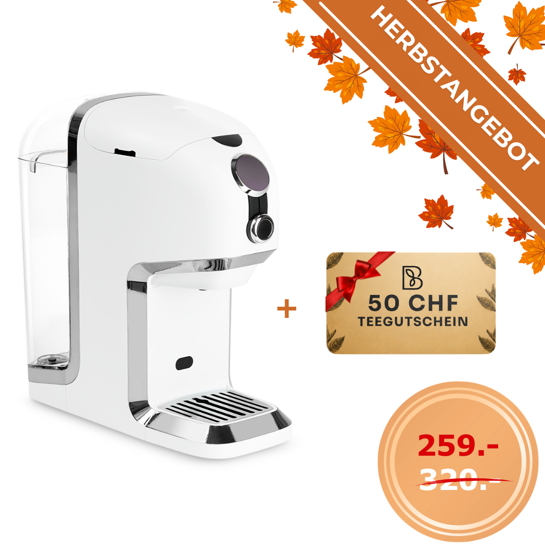 Testsieger Teemaschinen Testvergleich.de 2025: BRU Maker One Teemaschine in Weiss Chrome, Herbstangebot 259.- statt 320.- plus 50 CHF Teegutschein geschenkt. Tee auf Knopfdruck ohne Kapseln, über 50’000 zufriedene Kunden, Trustpilot 4,8 von 5.