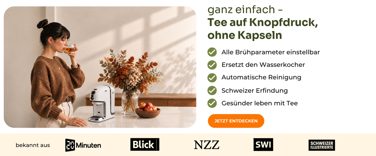 Testsieger Teemaschinen Testvergleich.de 2025: BRU Teemaschine: ganz einfach Tee auf Knopfdruck, ohne Kapseln. Alle Brühparameter einstellbar, ersetzt den Wasserkocher, automatische Reinigung, Schweizer Erfindung, gesünder leben mit Tee. Nur diese Woche 50.- Teegutschein geschenkt. Bekannt aus 20 Minuten, Blick, NZZ, SWI und Schweizer Illustrierte.