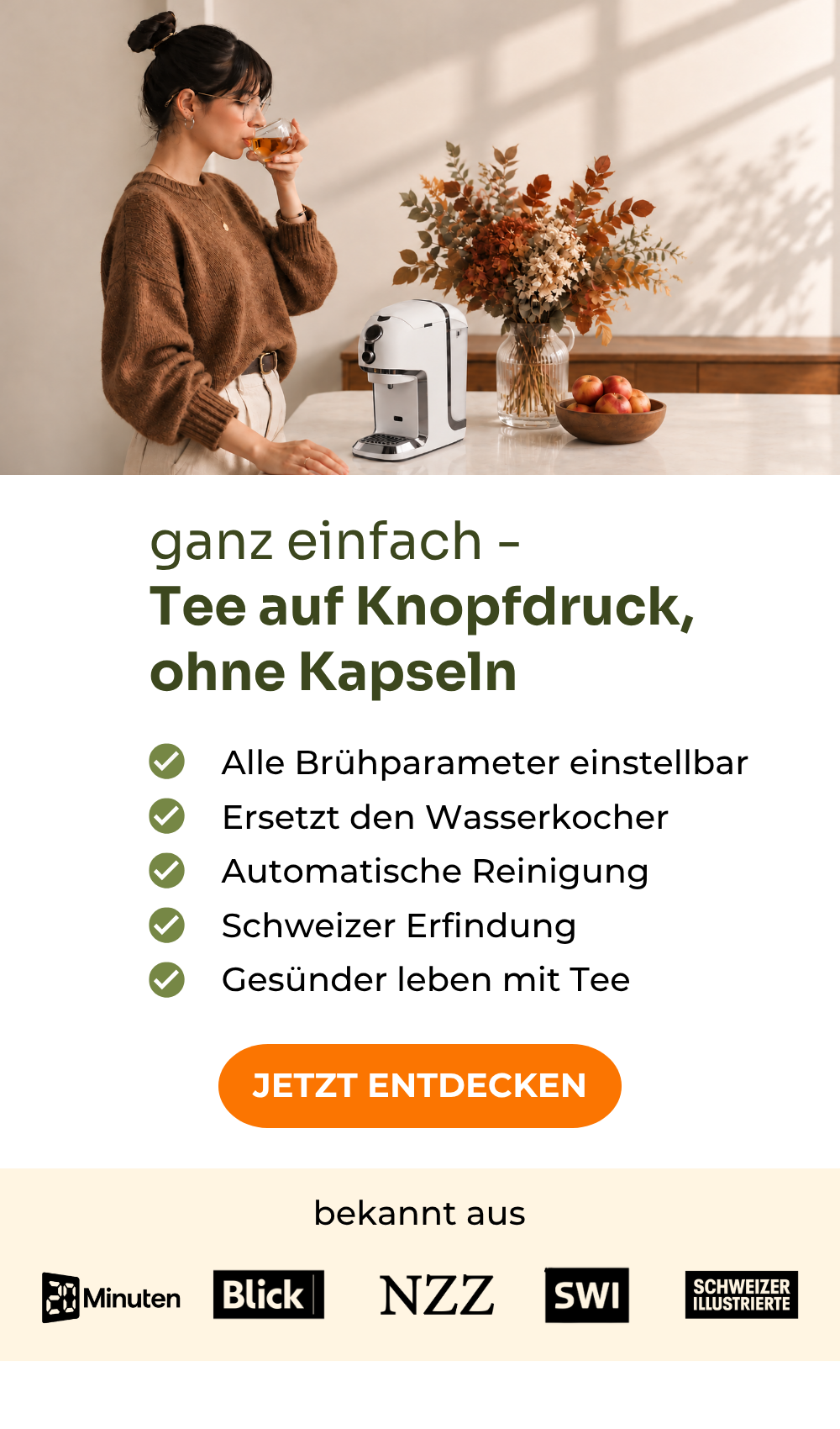 Testsieger Teemaschinen Testvergleich.de 2025: BRU Teemaschine: ganz einfach Tee auf Knopfdruck, ohne Kapseln. Alle Brühparameter einstellbar, ersetzt den Wasserkocher, automatische Reinigung, Schweizer Erfindung, gesünder leben mit Tee. Nur diese Woche 50.- Teegutschein geschenkt. Bekannt aus 20 Minuten, Blick, NZZ, SWI und Schweizer Illustrierte.