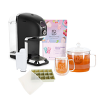 Kit de thés glacés BRU : machine à thé BRU Maker One noir chromé avec un paquet d'infusion de fruits Rêve de bonbons, pichet en verre rempli de thé glacé, tasse à thé à double paroi, filtre à eau et bac à glaçons