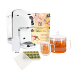 BRU Eistee-Set: BRU Maker One Teemaschine in Weiss Chrome mit einer Packung Früchtetee Tropical in französischer Verpackung, Glaskrug mit Eistee, doppelwandiger Tasse, Wasserfilter und Eiswürfelform