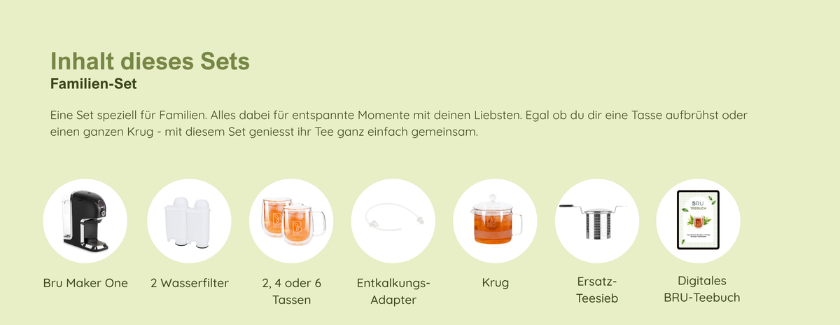 Inhalt des Familien-Sets: BRU Maker One, 2 Wasserfilter, 2, 4 oder 6 Tassen, Entkalkungs-Adapter, Ersatz-Teesieb und Krug