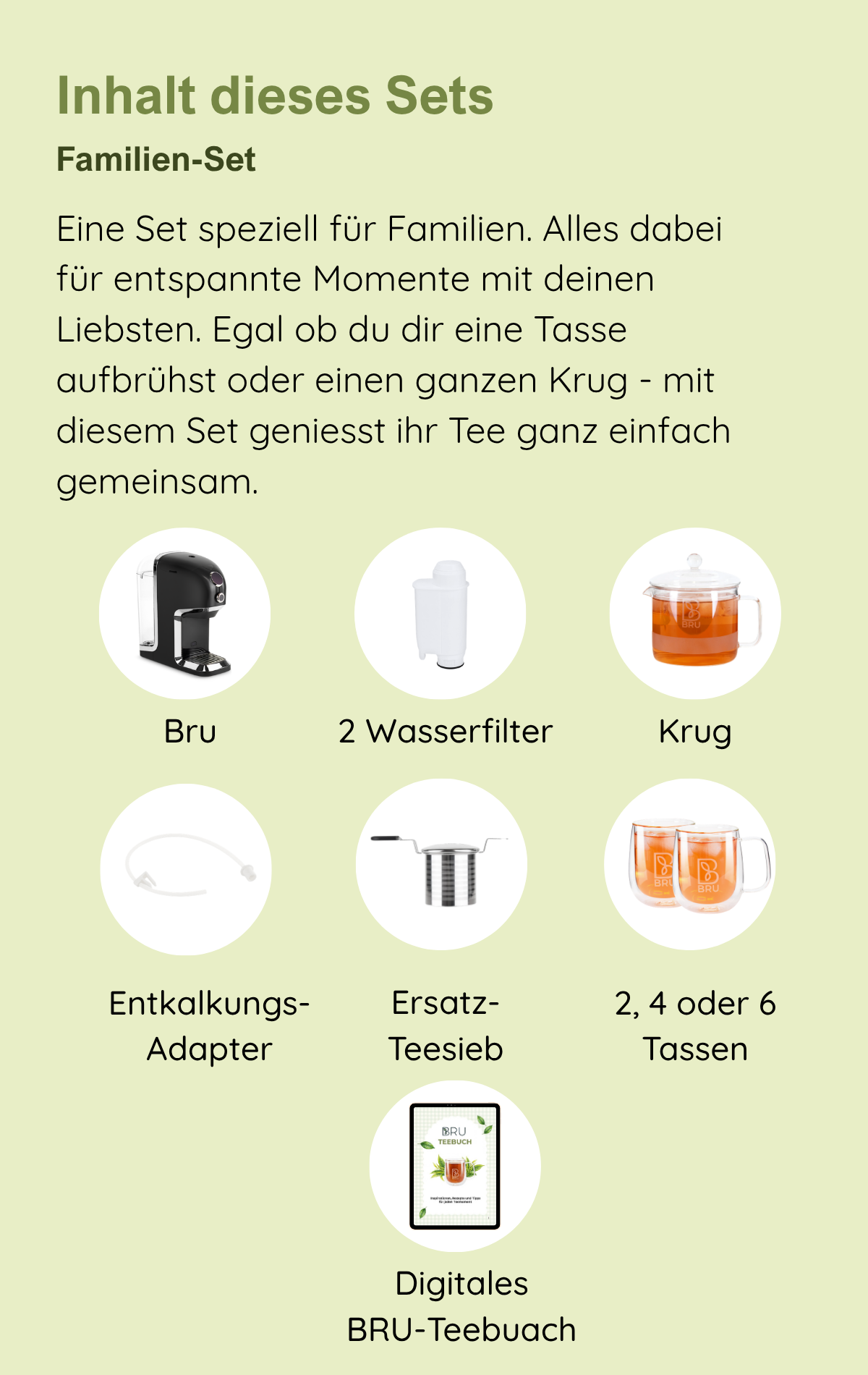 Inhalt des Familien-Sets: BRU Maker One, 2 Wasserfilter, 2, 4 oder 6 Tassen, Entkalkungs-Adapter, Ersatz-Teesieb und Krug