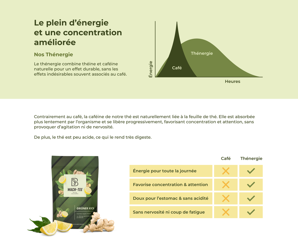 Graphique : énergie et concentration durables, le thé énergisant agit plus longtemps que le café