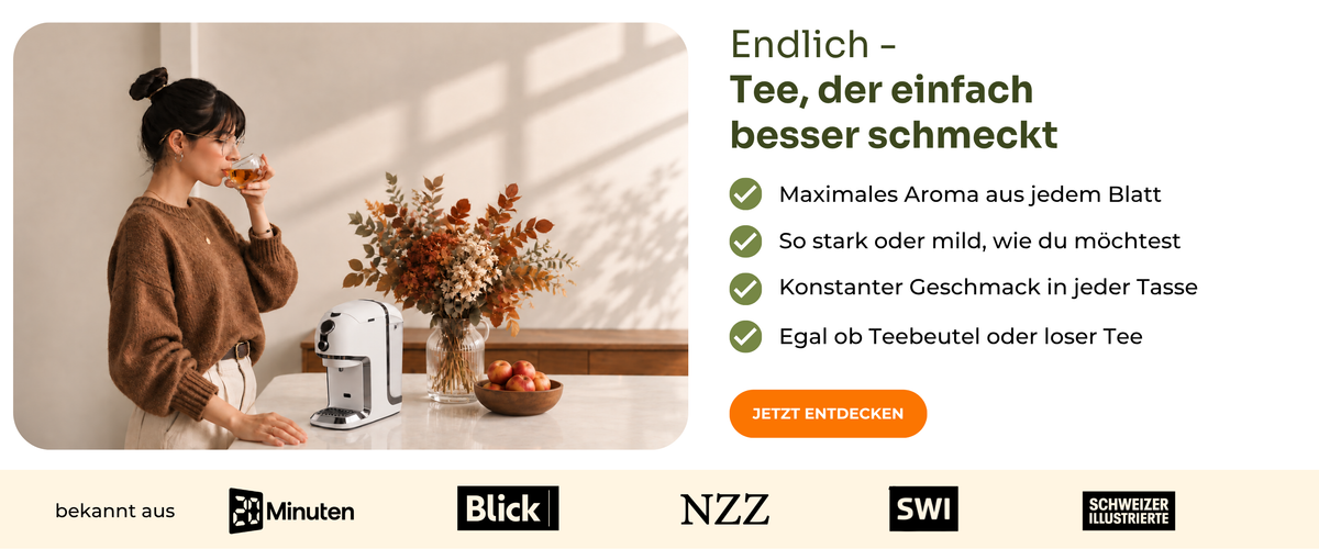 Testsieger Teemaschinen Testvergleich.de 2025: BRU Teemaschine: ganz einfach Tee auf Knopfdruck, ohne Kapseln. Alle Brühparameter einstellbar, ersetzt den Wasserkocher, automatische Reinigung, Schweizer Erfindung, gesünder leben mit Tee. Nur diese Woche 50.- Teegutschein geschenkt. Bekannt aus 20 Minuten, Blick, NZZ, SWI und Schweizer Illustrierte.