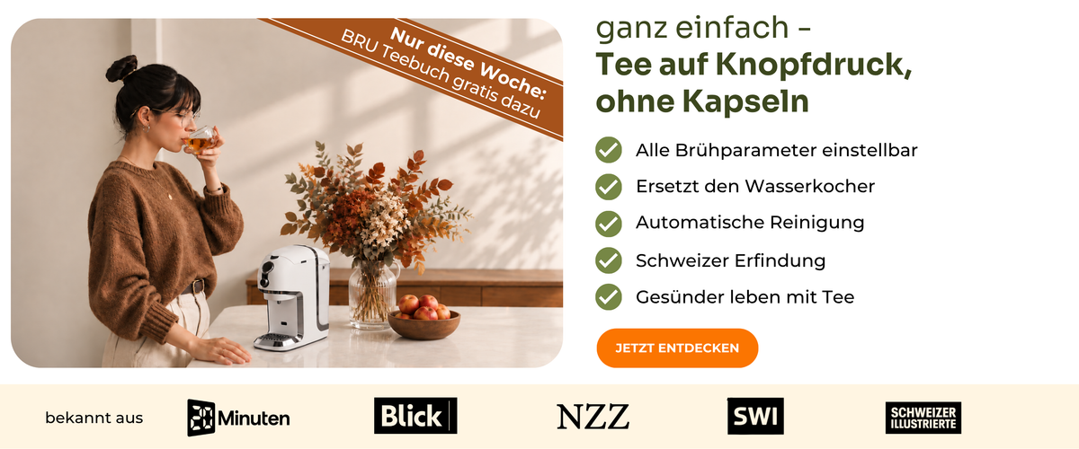 Testsieger Teemaschinen Testvergleich.de 2025: BRU Teemaschine: ganz einfach Tee auf Knopfdruck, ohne Kapseln. Alle Brühparameter einstellbar, ersetzt den Wasserkocher, automatische Reinigung, Schweizer Erfindung, gesünder leben mit Tee. Nur diese Woche 50.- Teegutschein geschenkt. Bekannt aus 20 Minuten, Blick, NZZ, SWI und Schweizer Illustrierte.