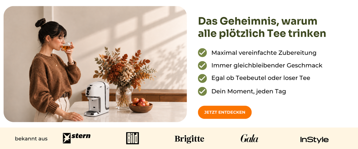 Testsieger Teemaschinen Testvergleich.de 2025: BRU Teemaschine: ganz einfach Tee auf Knopfdruck, ohne Kapseln. Alle Brühparameter einstellbar, ersetzt den Wasserkocher, automatische Reinigung, Schweizer Erfindung, gesünder leben mit Tee. Nur diese Woche 50.- Teegutschein geschenkt. Bekannt aus 20 Minuten, Blick, NZZ, SWI und Schweizer Illustrierte.