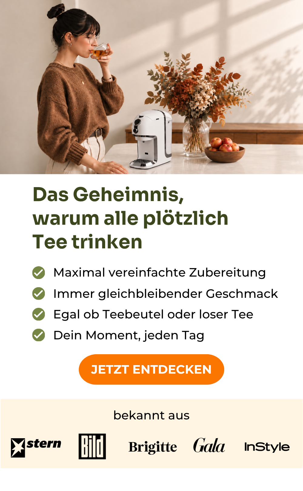 Testsieger Teemaschinen Testvergleich.de 2025: BRU Teemaschine: ganz einfach Tee auf Knopfdruck, ohne Kapseln. Alle Brühparameter einstellbar, ersetzt den Wasserkocher, automatische Reinigung, Schweizer Erfindung, gesünder leben mit Tee. Nur diese Woche 50.- Teegutschein geschenkt. Bekannt aus 20 Minuten, Blick, NZZ, SWI und Schweizer Illustrierte.
