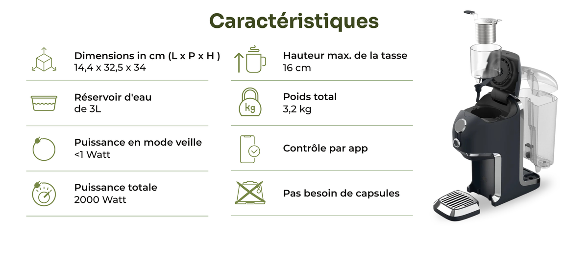 Caractéristiques de la machine à thé BRU : dimensions 14,4 x 32,5 x 34 cm, réservoir d'eau de 3 litres, puissance totale 2000 watts, moins de 1 watt en veille, 3,2 kg, hauteur de tasse maximale 16 cm, contrôle par application avec minuteur, compatibilité capsules : aucune capsule nécessaire.
