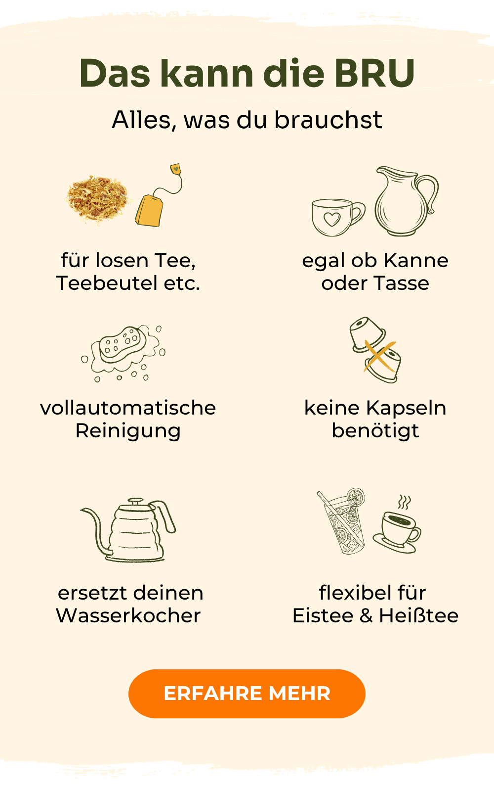 Das kann die BRU, alles was du brauchst: für losen Tee und Teebeutel, vollautomatische Reinigung, ersetzt deinen Wasserkocher, brüht Kanne oder Tasse, keine Kapseln nötig, flexibel für Eistee und Heisstee. Unsere Garantie für deine Zufriedenheit: 30 Tage Geld zurück, Kundensupport 7 Tage die Woche, kostenloser Versand, Ratenzahlung möglich.