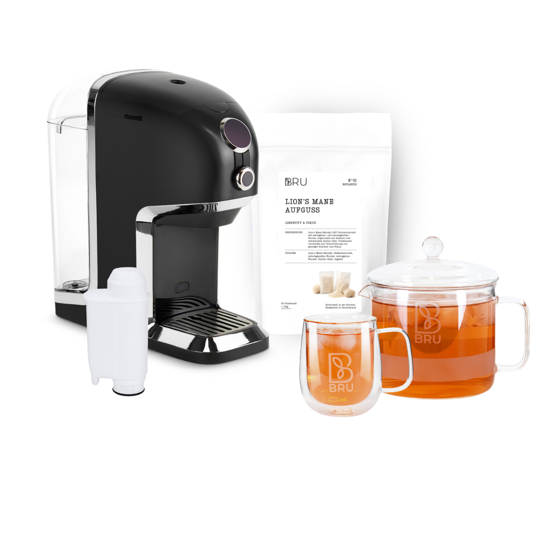 BRU Vital-Set: BRU Maker One Teemaschine in Schwarz Chrome mit einer Packung Lion's Mane Aufguss, Glaskrug, doppelwandiger Tasse und Wasserfilter