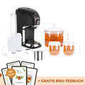 BRU Herbst-Familien-Set: Teemaschine in Schwarz Chrome mit Glaskrug, 2 doppelwandigen Glastassen, Teesieb, zwei Wasserfiltern, Entkalkungsadapter und gratis digitalem BRU Teebuch