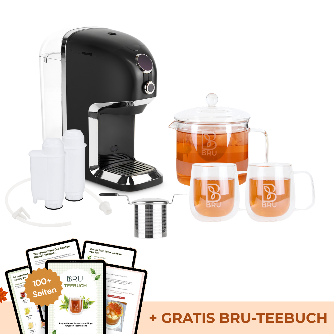 BRU Herbst-Familien-Set: Teemaschine in Schwarz Chrome mit Glaskrug, 2 doppelwandigen Glastassen, Teesieb, zwei Wasserfiltern, Entkalkungsadapter und gratis digitalem BRU Teebuch