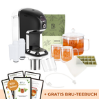 BRU Herbst-Ultimate-Set: Teemaschine in Schwarz Chrome mit Grüntee Sencha aus Japan, Glaskrug, zwei doppelwandigen Glastassen, Teesieb, zwei Wasserfiltern, Eiswürfelform, Entkalkungsadapter und gratis digitalem BRU Teebuch