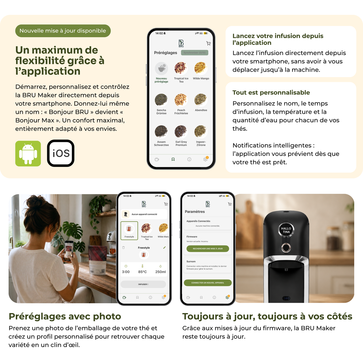 Neues Update: maximale Flexibilität dank BRU App-Steuerung für Android und iOS. Tee per Smartphone starten ohne vor der Maschine zu stehen, Name, Brühzeit, Temperatur und Wassermenge pro Sorte frei einstellen, Smart Notification wenn der Tee fertig ist, Presets per Foto der Teeverpackung, Firmware-Updates und Support direkt in der App.