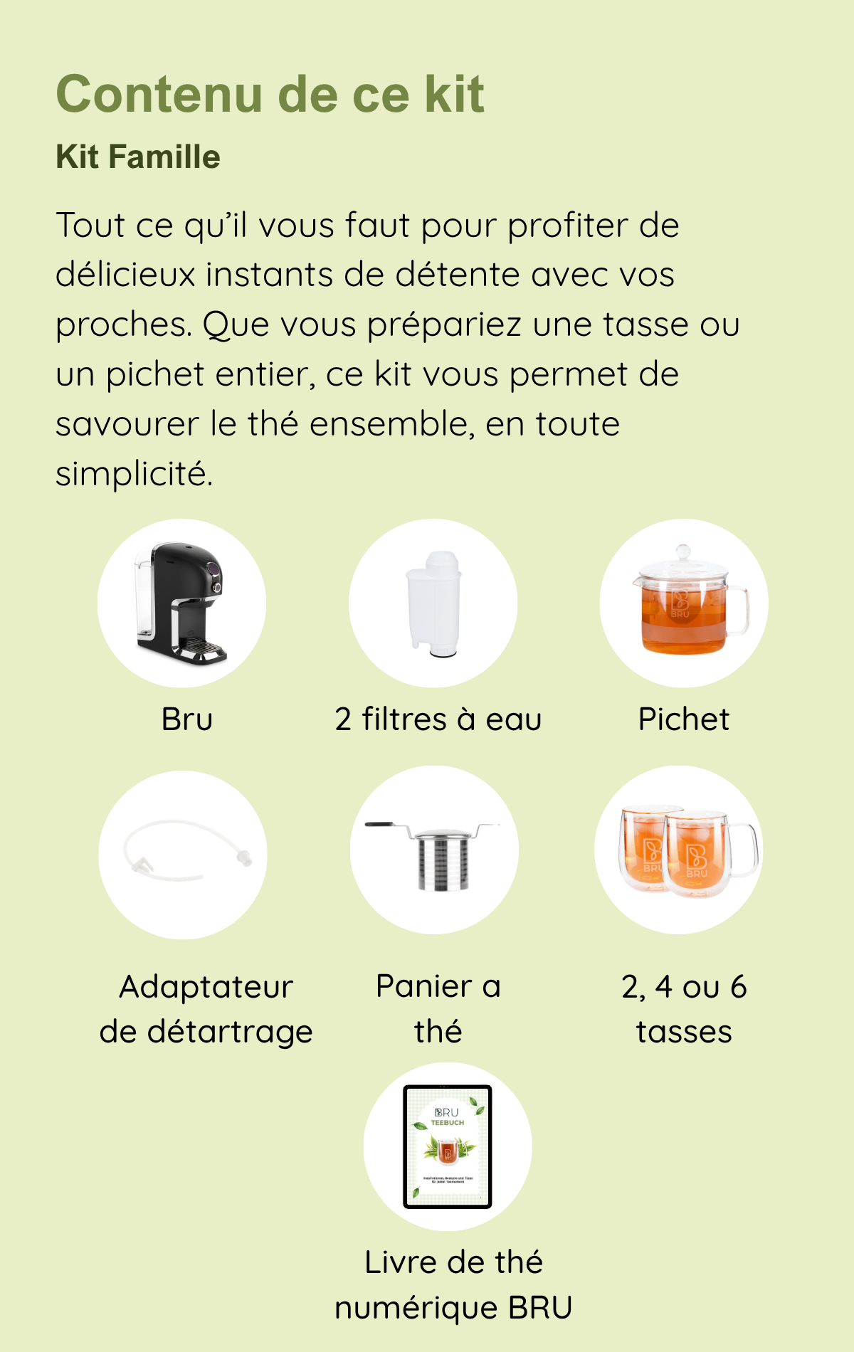 Contenu du Kit Famille : BRU Maker One, 2 filtres à eau, 2, 4 ou 6 tasses à thé, adaptateur de détartrage, panier à thé de rechange et pichet